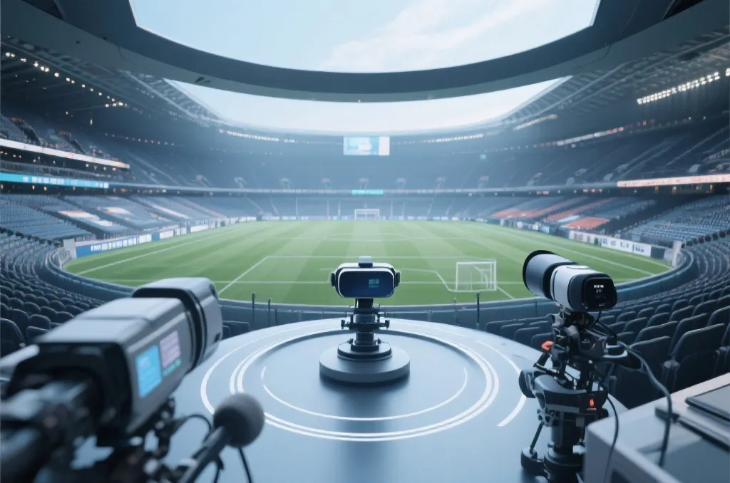 A clean graphic representation of a virtual reality sports stadium broadcast, 360-degree panoramic view concept, minimalist design, futuristic interface